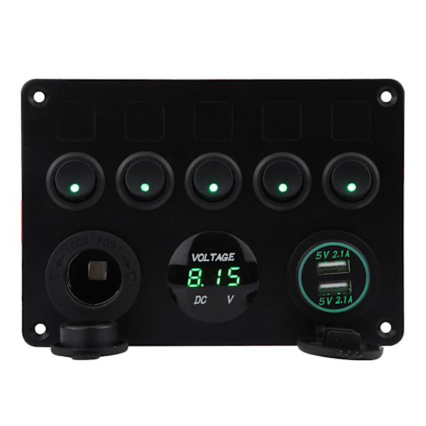 12-24V 5-Knap Vippestrømbryderpanel Dobbelt USB Voltmeter til Bilbåd Marin Lastbil Grøn LED