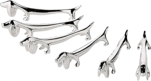 Setti, jossa 6 Messerbank-koiraa, pituus 9 cm, jalot hopeoidut, värjäytymättömät