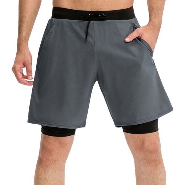 2-i-1-sportshorts för män med elastisk ficka med andningsförmåga Basket Löpning Fitness Atlet Gymshorts, Modell: Medium Grey