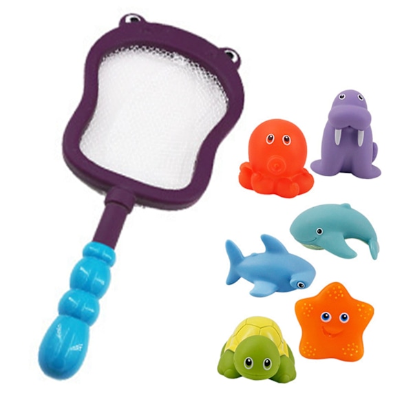 Lyse farver Spædbarnsbade legetøj med BB Squeaker Baby Kid Sjov dyreformet badekar legetøj til hjemmebad Hippo Fisk net med 6 dyr