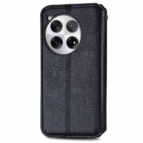 Læder OnePlus 12 cover med rombe-design - Sort Svart black