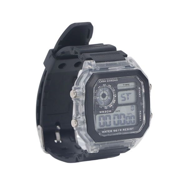 Elektronisk sportsur 12/24 timer vandtæt digitalt armbåndsur med lysende alarmfunktion Transparent