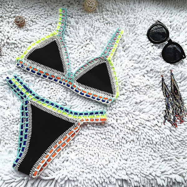 Boho Style Crochet Neoprene Bikini Swimsuit Set - Svart, Storlek M