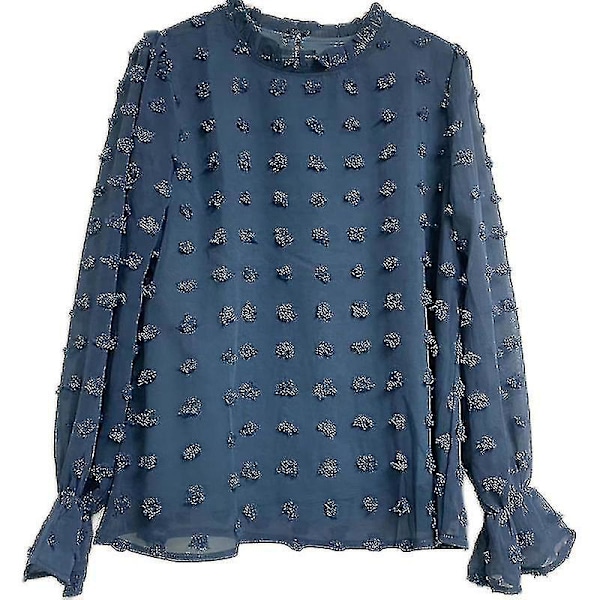 Blå Chiffon Bluser med Rufflet Hals og Lange Ærmer til Kvinder, Casual Pullover Top