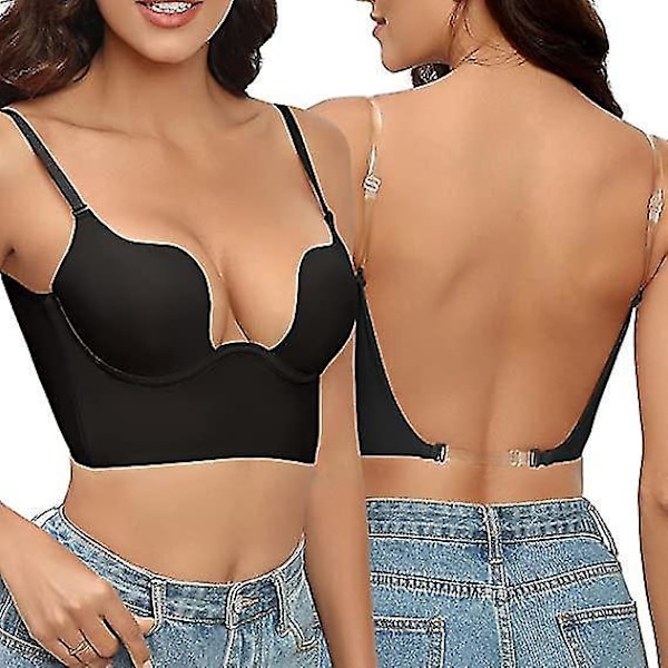 Syvä U-plunge Push Up -rintaliivit Selkeällä Selkähihnalla - Musta 70A