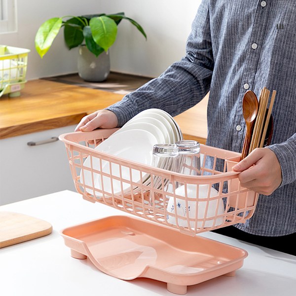 Oppvaskstativ Rask drenering Avtakbar bunn Dreneringsbrett Design Sterk plast Oppvaskstativ for gaffel Spisepinner Rosa