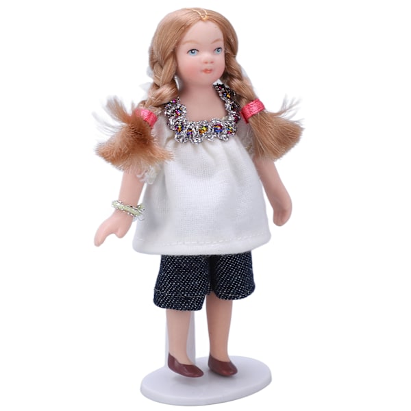 Miniatyrflicka 1:12 Skala Blond Vit T-shirt Shorts Girl Dockhus Porslin Tjejfigurer