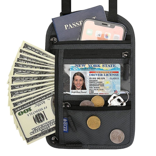Nackplånbok för män för kvinnor - Rfid-blockerande passhållare - Lätt att dölja reseväska - Justerbar korsbandsrem dark gray