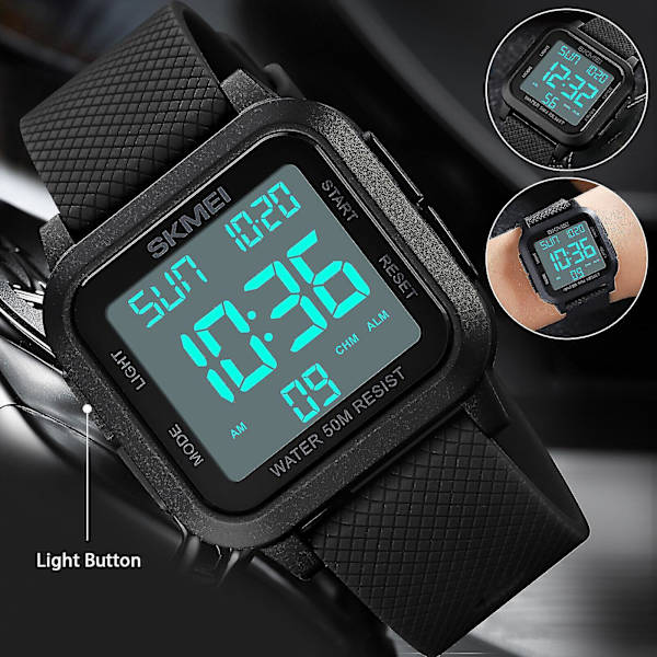 Digital Militär Sportklocka Herrklocka Quartz Chrono Vattentät LED Armbandsur Svart