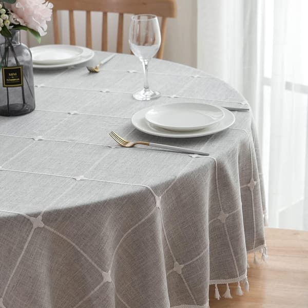 Jacquard rund bordduk dekorativ bomullslin kvastduk, maskinvaskbar, diameter 180 cm, lys grå