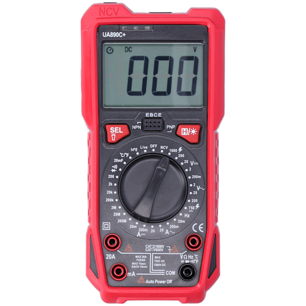 UA890C+ Multimeter med LCD-baggrundsbelysning Skærm Spænding Strøm Modstand Kapacitansmåler