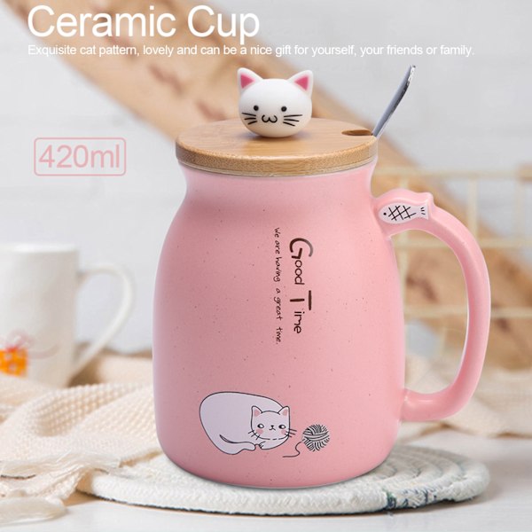 1st Lovely Cat Keramikkopp med sked och lock Kaffevatten Mjölkmugg för Dryckespresent (Rosa)
