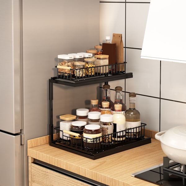 Under Sink Cabinet Shelf Multifunctional Pull-Out Double Layer Spice Rack Storage Sink Shelf for Bathroom Kitchen Black