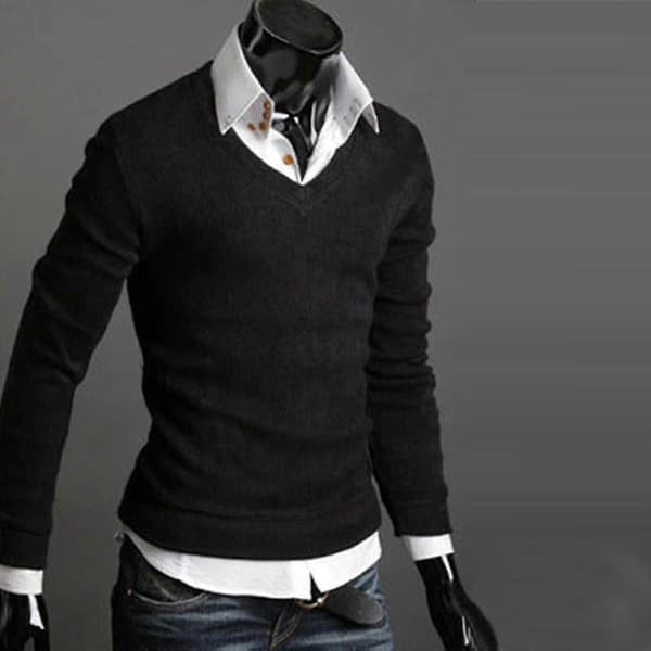 Herr Enfärgad V-ringad Stickad Jumpertröja Black M