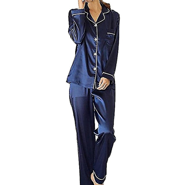 Siden Satin Långärmad Pyjamas Set för Kvinnor, Storlek M, Blå