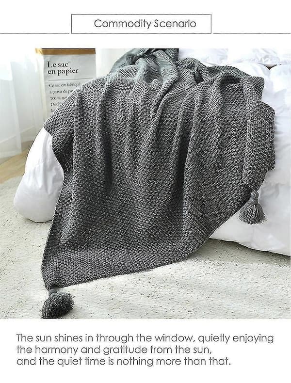 Strikket kvasttæppe Rejsetæppe til TV Sengepynt gray 130x170cm