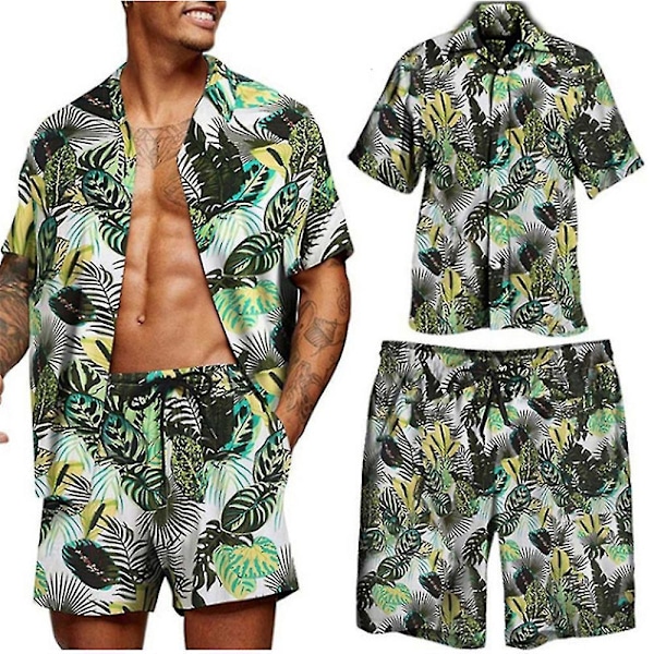 Grön Hawaiian Print Herrskjorta och Shorts Set