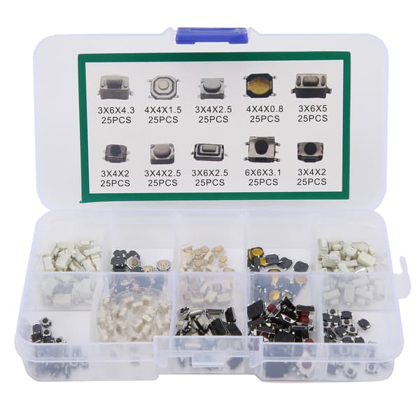 250 Pcs Tactile Push Button Switch 10 Types Micro Switch Kit for DIY Electronic Products