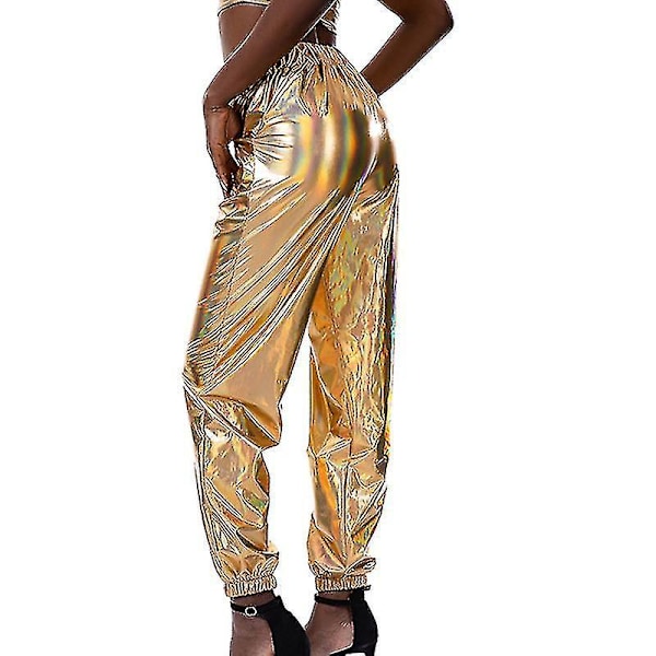 Fantasifulde Gyldne Metallic Damebukser med Høj Talje XL Sommer Casual
