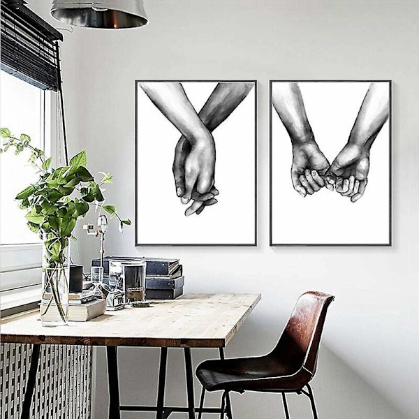 Nordic Love Set - Mustavalkoiset Kädet Pitävät Toisiaan - Makuuhuoneen ja Olohuoneen Seinätaidekoriste