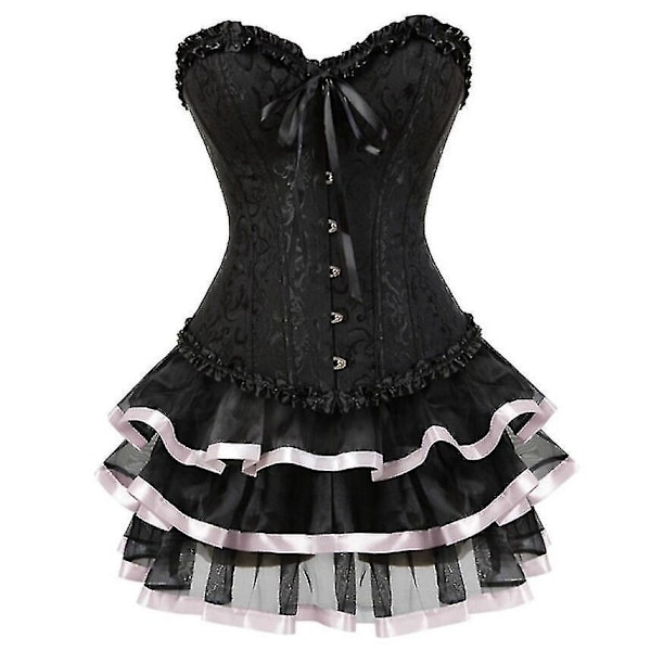 Sexy Rosa Plus Size Korsett Kjole Sett for Kvinner - Burlesque Overbust Korsett med Mini Skjørt