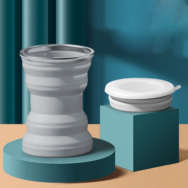 Sammenleggbar kopp i silikon - genial, bærbar, plassbesparende, mini sammenleggbar kopp med lokk for utendørsreiser 320ML Milky Way Grey