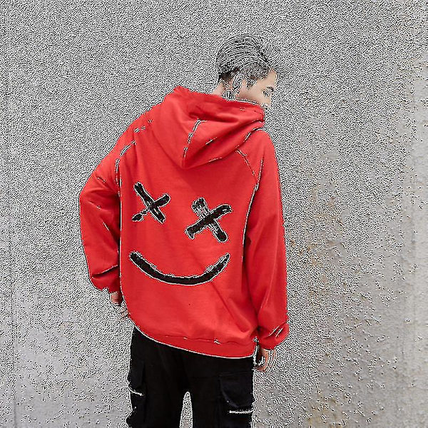 Smile Face Print Herr Långärmad Hoodie Pullover Topp - Röd