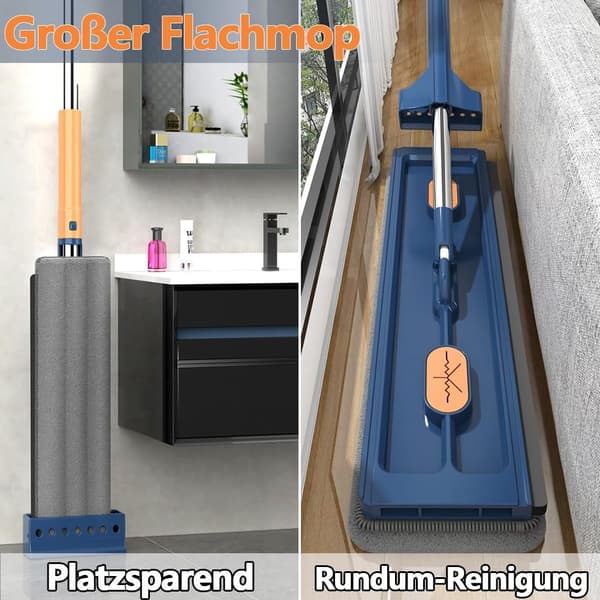 Stor flatmopp med 360° roterende vrifunksjon, mikrofiberputer for hardt tre Blue + 2 rags