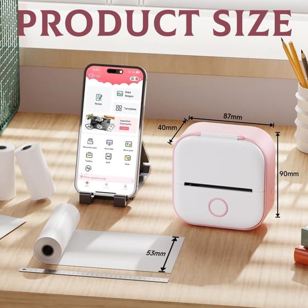 1 termoskrivare, bärbar, bläckfri, Bluetooth, för studier, scrapbooking.
