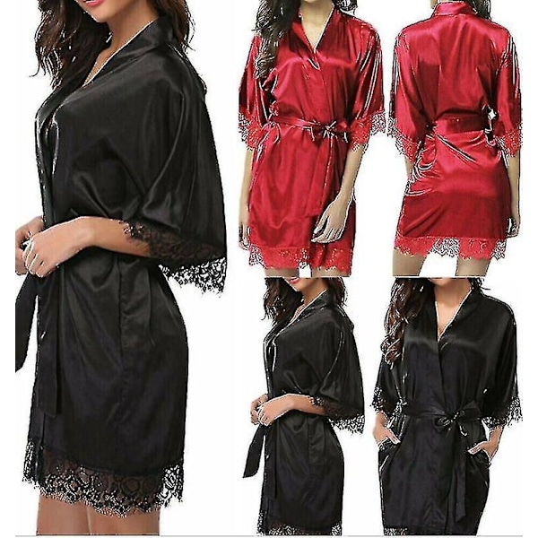 Satin Kimono Morgenkåbe Soveværelse Badekåbe til Brud og Brudepiger - Sort