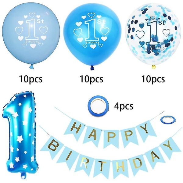 Födelsedagsdekoration 1 år pojke, dekoration 1:a födelsedag, ballongblå konfetti kompatibel med 1:a födelsedagsfest Barnfödelsedag Grattis på födelsedagen D blue