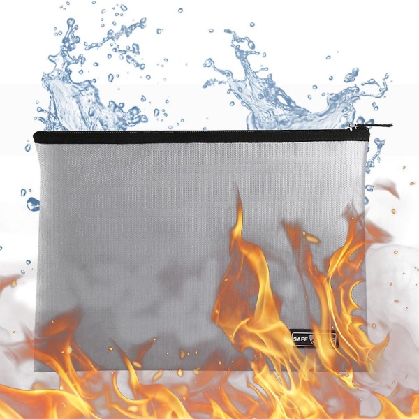 Brannsikre dokumentposer, 25x 34 cm stor vanntett og brannsikker mappepengepose med glidelås for nettbrett, pass og verdisaker i A4-størrelse Sliver