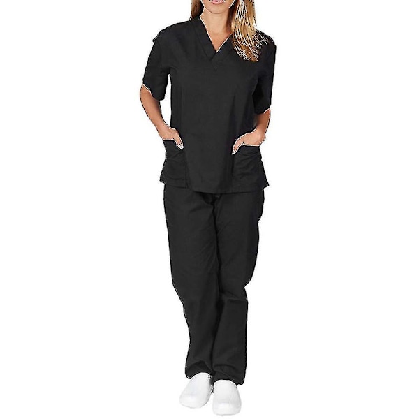 Læge/Sygeplejerske Unisex Scrub Suit Sæt - Sort, Størrelse S