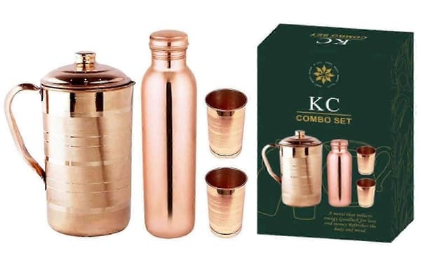 Vattenkanna och flaskset i koppar med 2 glas, ayurvedisk kopparglas, läckagesäkert lock