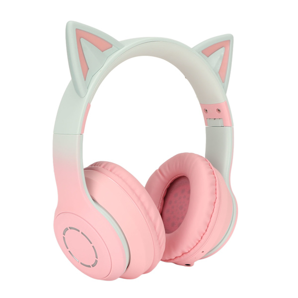 Kattøre Bluetooth-hodetelefoner Trådløse sammenleggbare musikkhodetelefoner med LED-lys Avtakbar mikrofon 3,5 mm kabel Rosa