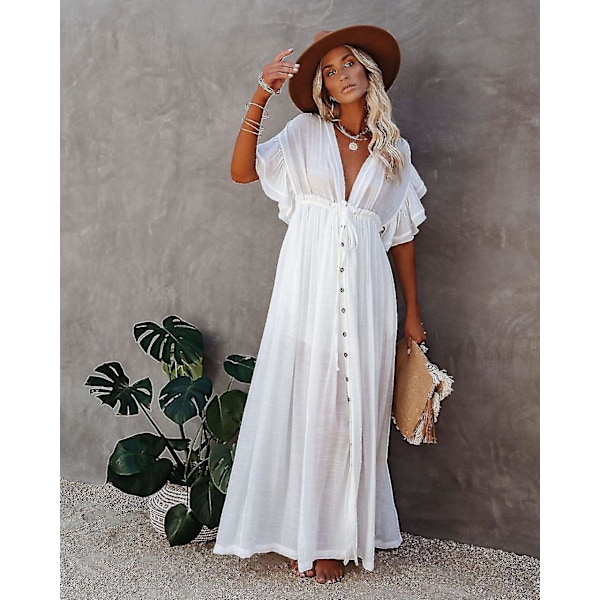 V-hals Hvid Maxi Kjole Strand Cover Up til Kvinder