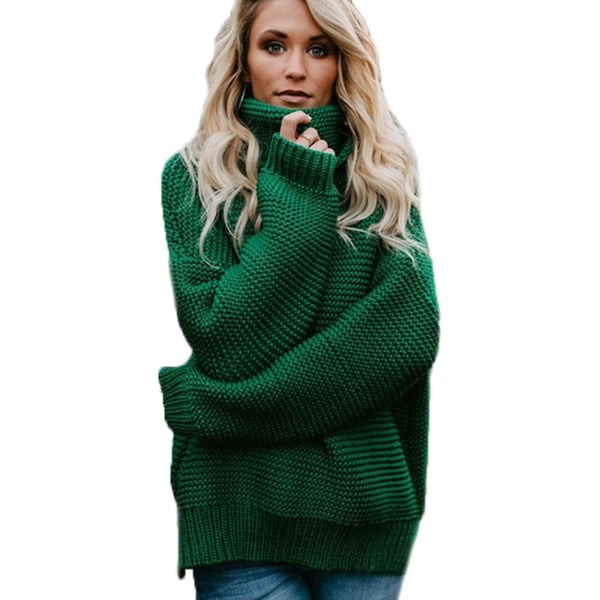 Dame Cowl Neck Strikket Genser Vinter Jumper Topp Green L