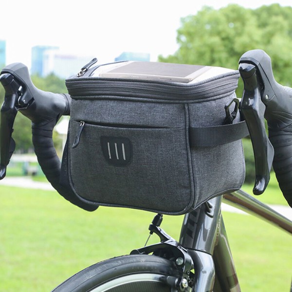 Suurikapasiteettinen pyörän ohjaustankolaukku Heijastava nauha kaksinkertaisella vetoketjulla kosketusnäytöllinen polkupyörän eturunkolaukku, malli: harmaa