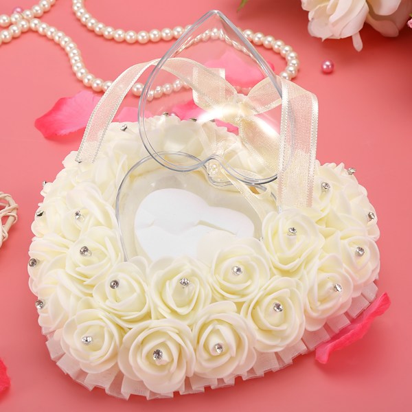 Romantisk Hjerteformet Bryllupsringboks Rose Rhinestone Dekor Ringpute (Beige)