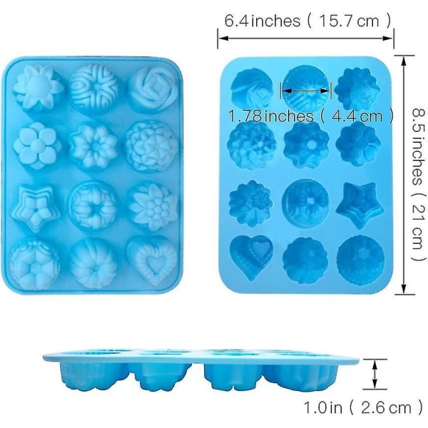 3-pack silikon non-stick form 12-hålighet, bakformar med blommor och hjärtform