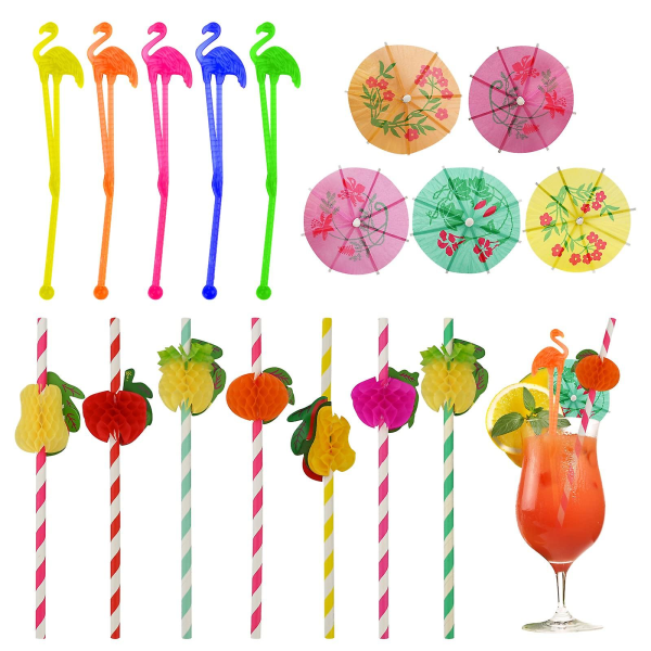 Drycker Cocktail Party dekorationer Set, 100 Cocktail Frukt sugrör 50 Swizzle Sticks 50 Pappers Paraply Sticks