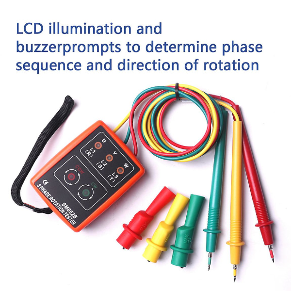 3-fasesekvens tilstedeværelsesrotasjonstester Indikatordetektormåler med LED og summer 60v~600v (3-faset AC)