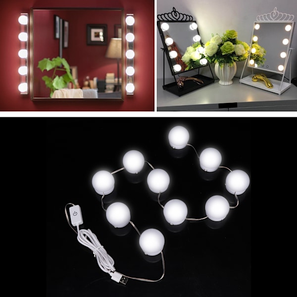 10 kpl/setti USB 3-väriset LED-valot meikkiä varten, kauneus pöytäpeili