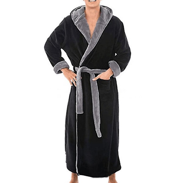 Vinter Mænds Hættetrøje Badekåbe Håndklæde Dressing Gown Lang Frakke 5XL Sort Grå