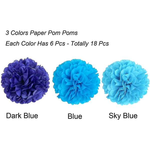 Paket med 18, blå pom poms blommor, dekorationspapper kit för fest
