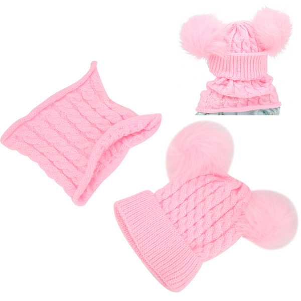 Barn Vinter Varm Hålla Stickad Mössa Scarf Småbarn Pojkeflicka Söt Halsvärmare Rosa