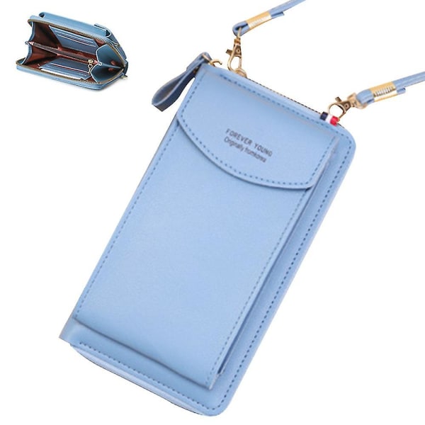 Pu læder blokerende Crossbody mobiltelefon taske til kvinder tegnebog pung Blue