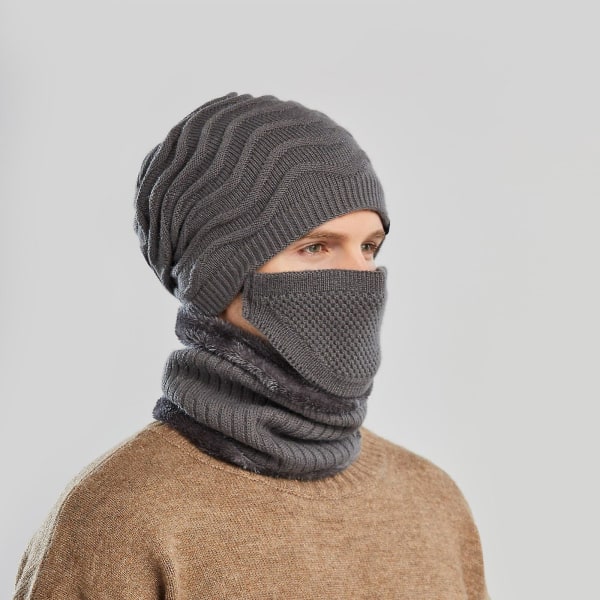 Vinterlue og maskesett for menn Ski Balaclava vindtett tykk plysjstrikket lue Skullies Guttehals Varm fleecedesignerlue Caqui oscuro ONE SIZE