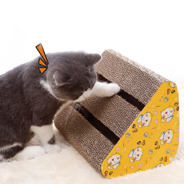 Cat Scratcher Box Portable Safe Triangular Double Slot Kitten Scratch Toy with Bell Ball for Indoor