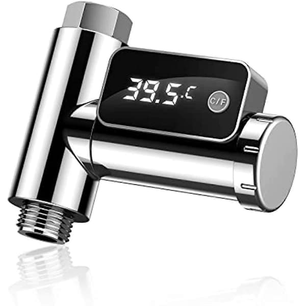 Digital dusjtermometer intelligent vanntemperaturmåler vannstrømseffekttermometer roterbar LED-skjerm badevannstemperaturmåler Silver